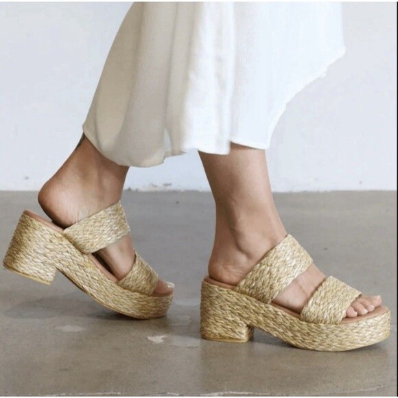 Beach by Matisse Womens Sz 8 Ocean Ave Tan Platform Sandals Slip On Raffia Y2K - Picture 1 of 6